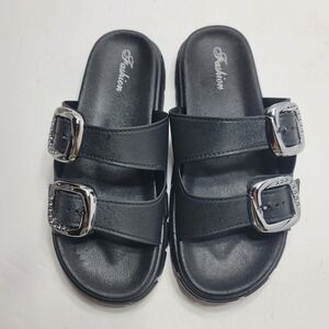Fashion Black Double Buckle Platform Slide Sandals Silver Hardware Size 40